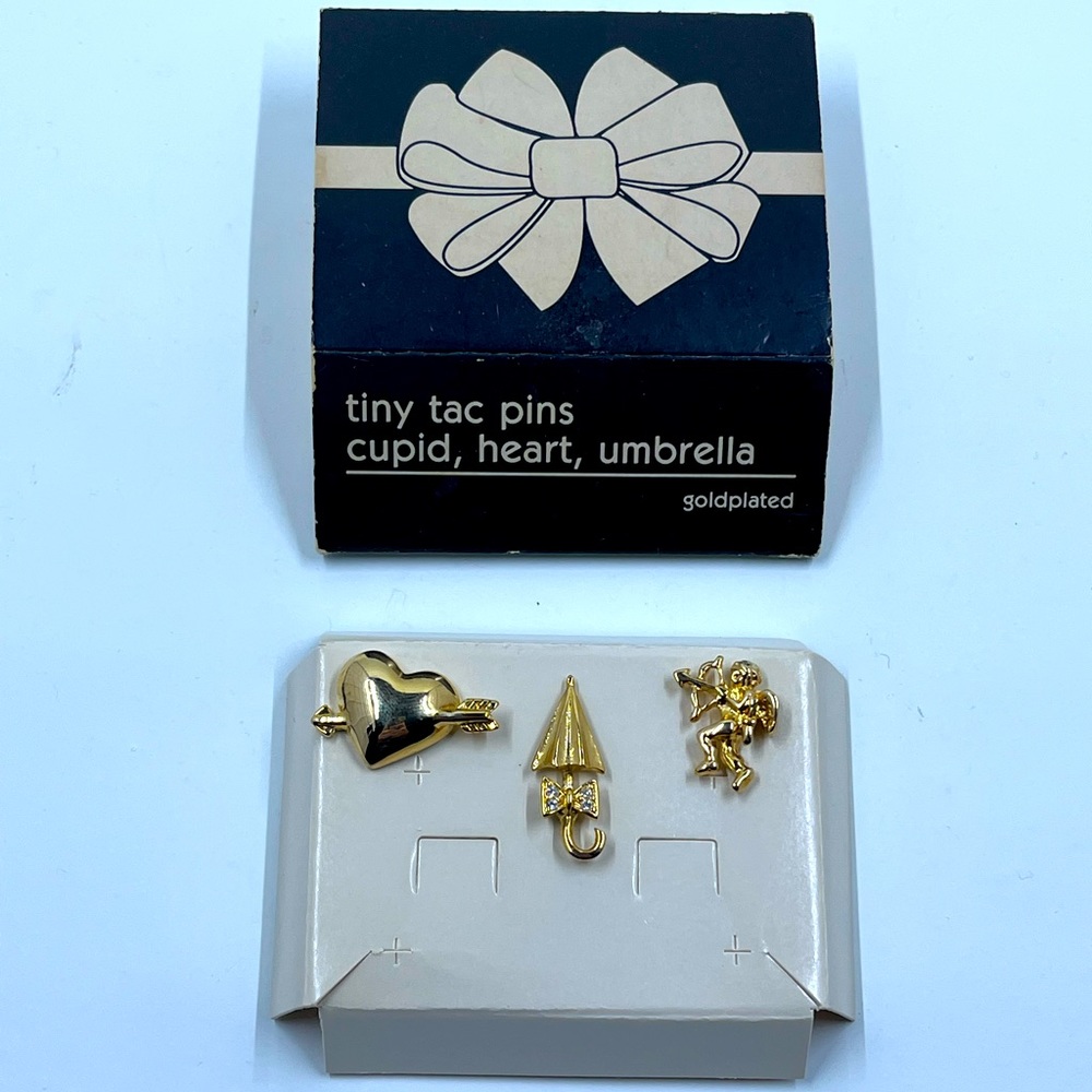 Vintage 14K GP Pin Set, Heart, Cupid & Umbrella With Original Box!